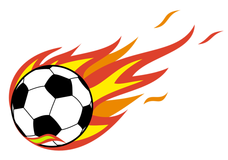 Bild på svart-vit fotboll som far genom luften med gula-orange-röda lågor runtomkring