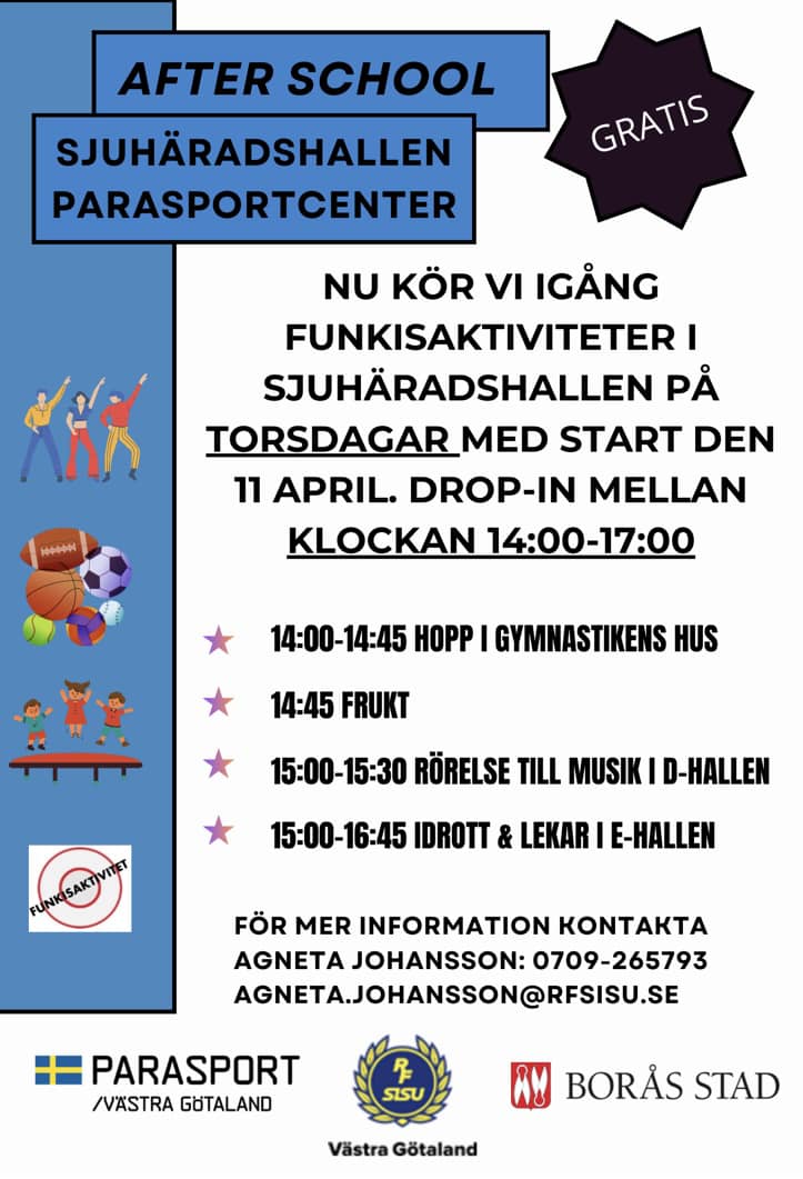 Inbjudan till After School Funkisaktiviteter våren 2024 i Sjuhäradshallen Parasportcenter Borås