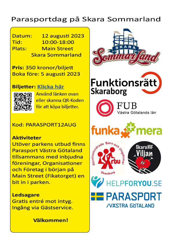 Välkommen till Parasportdag på Skara sommarland. Scanna QR-Koden eller tryck på länken i PDF Filen