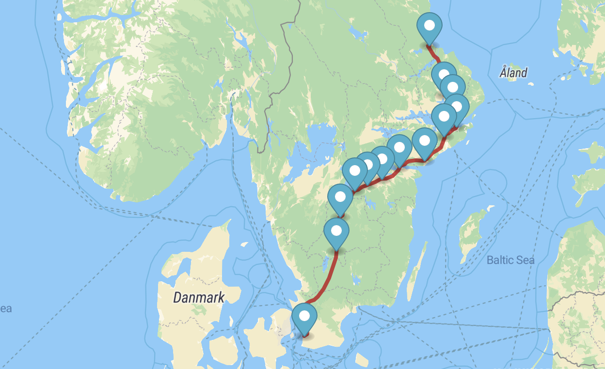 Karta över Sverige med streckad resa Gävle–Malmö.